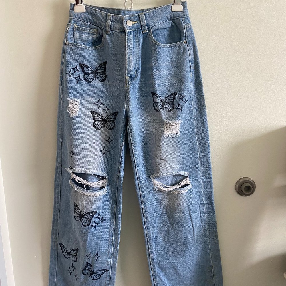 Ripped SHEIN Denim Butterfly Jeans